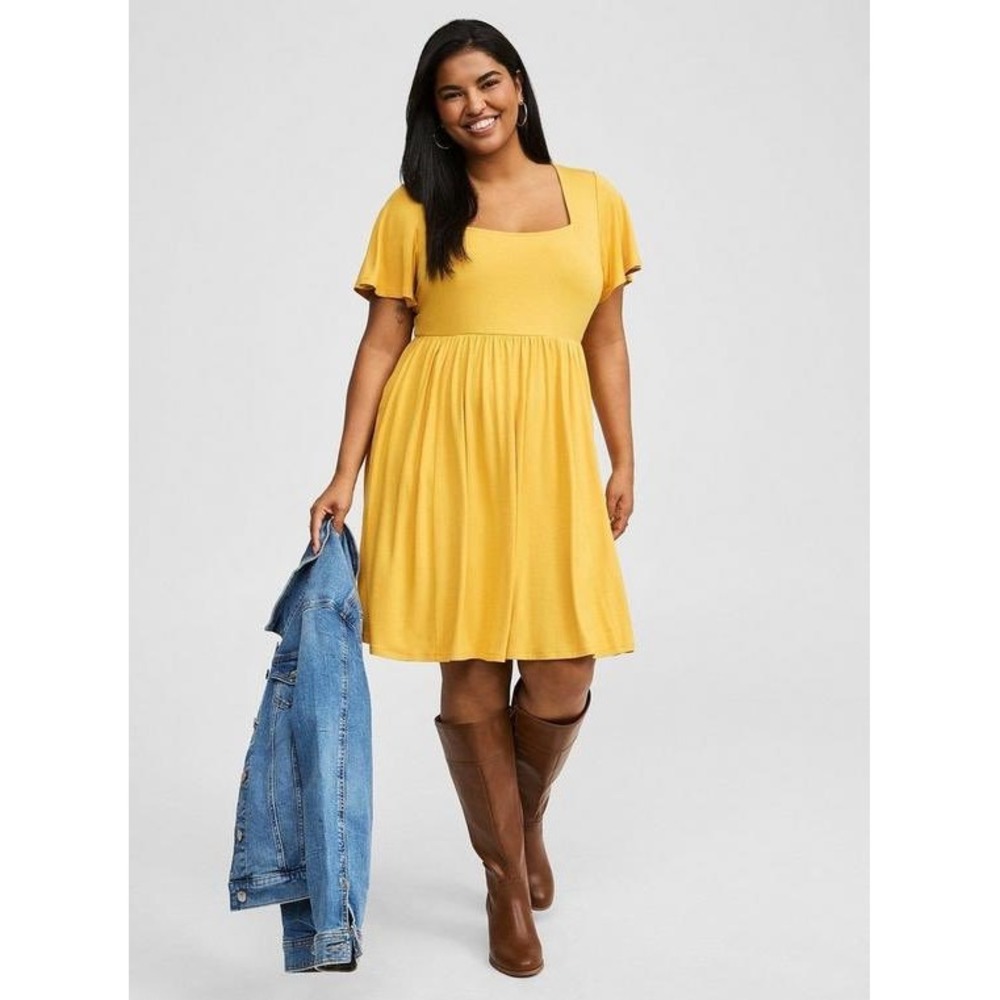 (B5) Torrid Super Soft Mustard Yellow Square Neck Flutter Babydoll Dress 3X